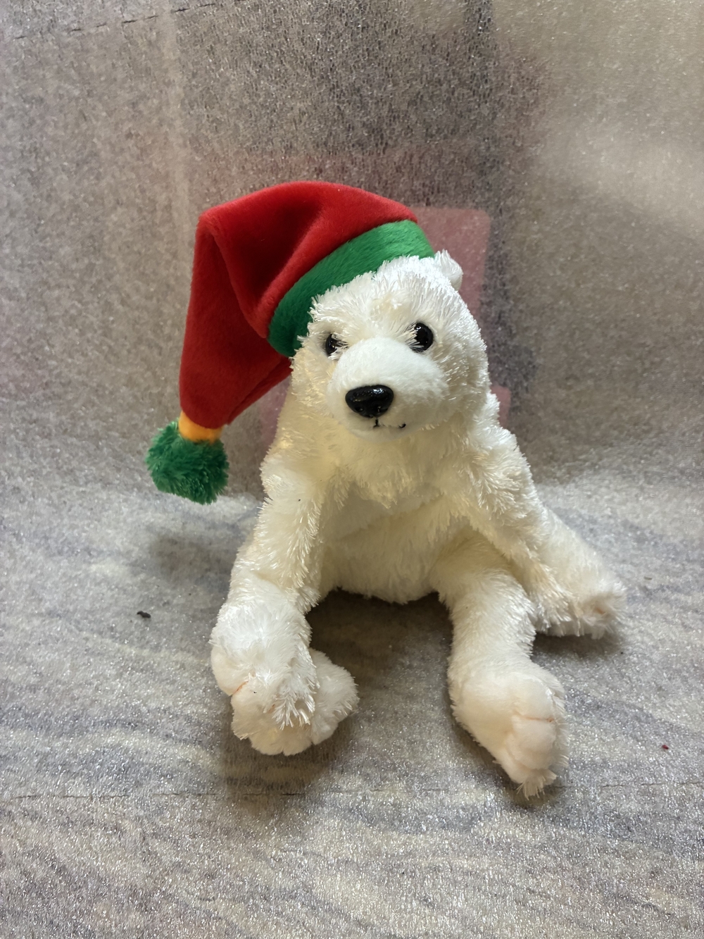 Ty White Polar Bear Plush with Red and Green Holiday Hat